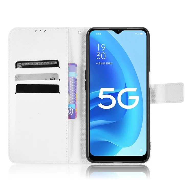 Diamond Texture PU Leather Case for Oppo A55 5G/A53s 5G, Folio Flip Wallet Phone Stand Case with Handy Strap - White