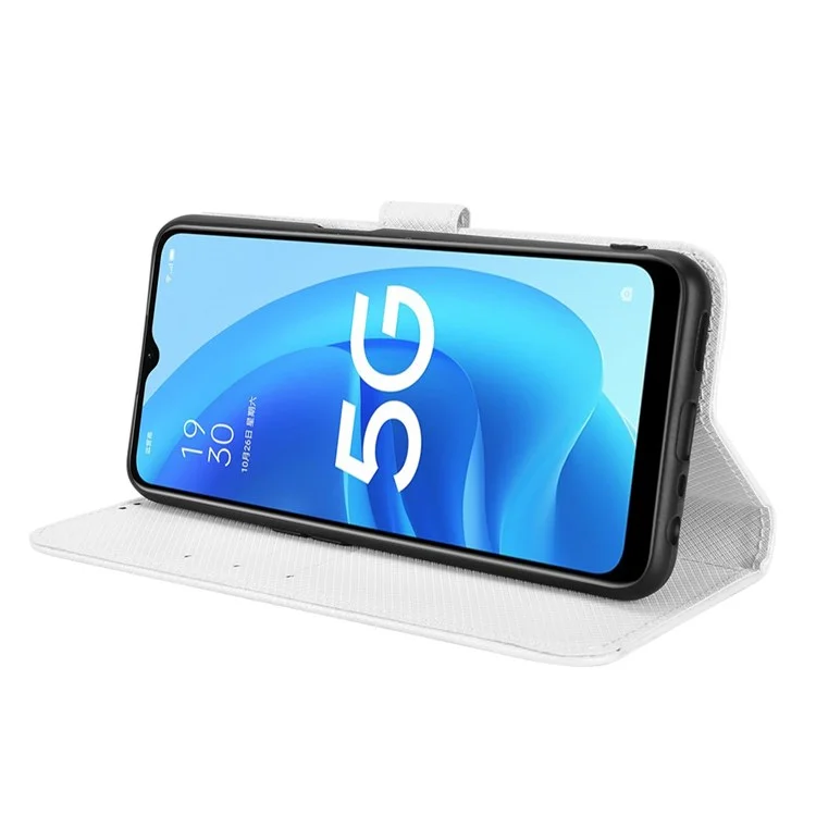 Diamond Texture PU Leather Case for Oppo A55 5G/A53s 5G, Folio Flip Wallet Phone Stand Case with Handy Strap - White