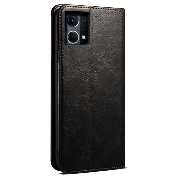 Funda con textura de caballo loca cerosa para Oppo Reno7 4G/F21 Pro 4G, cubierta de teléfono móvil tipo cartera de pie magnética a prueba de golpes estilo - Negro