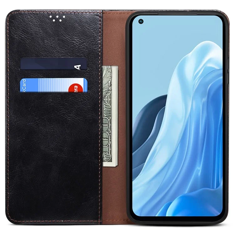 Funda con textura de caballo loca cerosa para Oppo Reno7 4G/F21 Pro 4G, cubierta de teléfono móvil tipo cartera de pie magnética a prueba de golpes estilo - Negro
