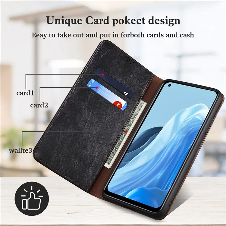 Funda con textura de caballo loca cerosa para Oppo Reno7 4G/F21 Pro 4G, cubierta de teléfono móvil tipo cartera de pie magnética a prueba de golpes estilo - Negro