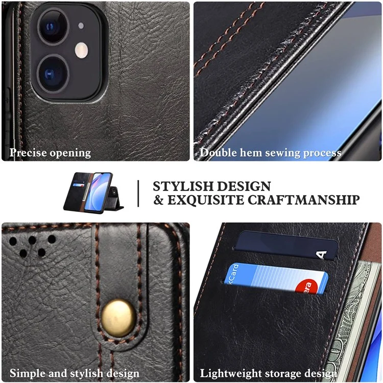 Funda con textura de caballo loca cerosa para Oppo Reno7 4G/F21 Pro 4G, cubierta de teléfono móvil tipo cartera de pie magnética a prueba de golpes estilo - Negro