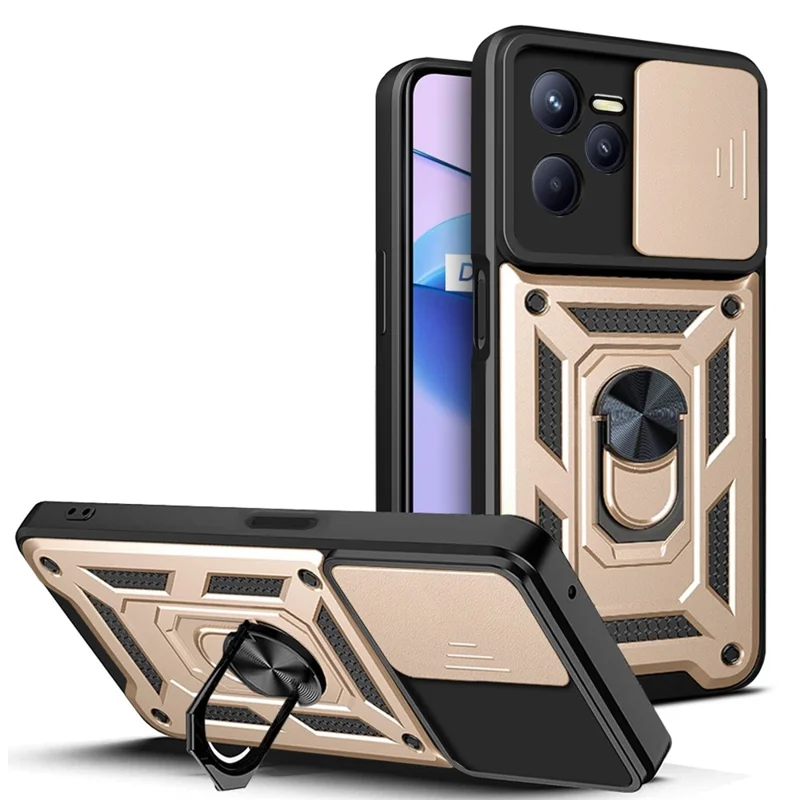 For Realme C35 Slide Camera Protection PC + TPU Ring Kickstand Case Anti-drop Phone Cover - Gold