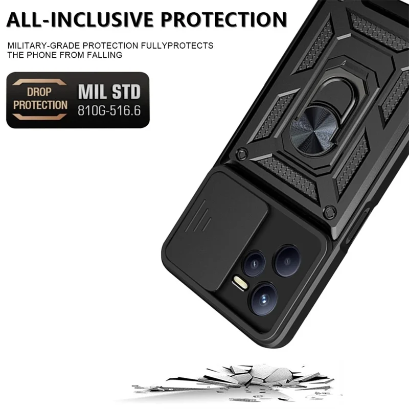 For Realme C35 Slide Camera Protection PC + TPU Ring Kickstand Case Anti-drop Phone Cover - Gold