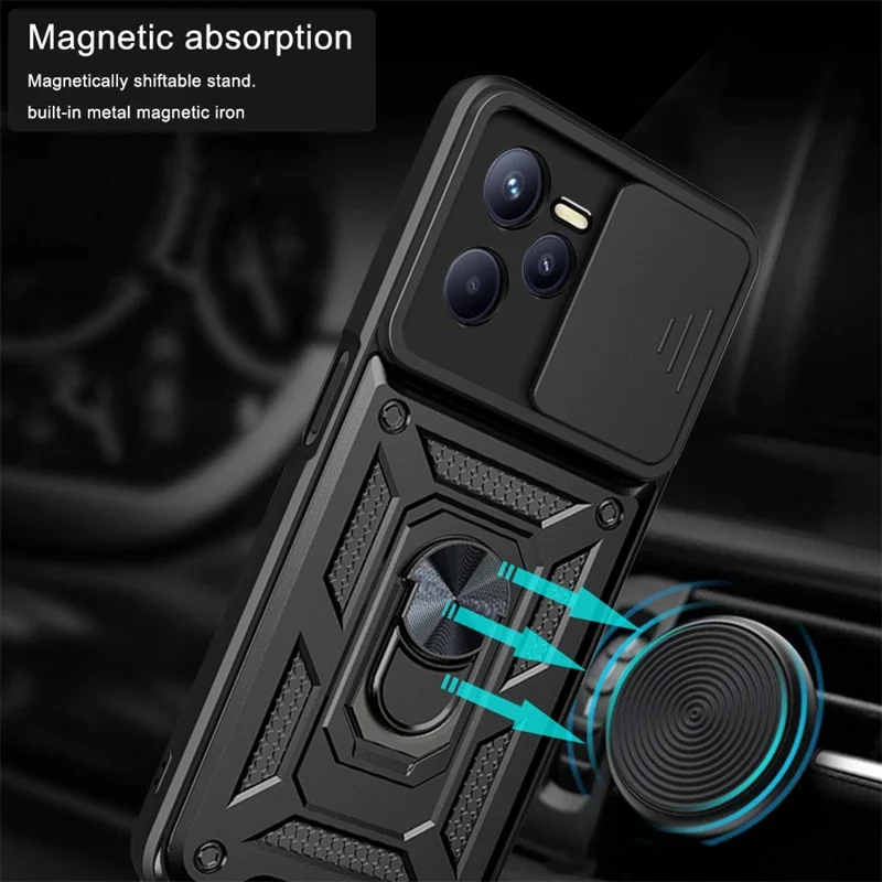 For Realme C35 Slide Camera Protection PC + TPU Ring Kickstand Case Anti-drop Phone Cover - Gold