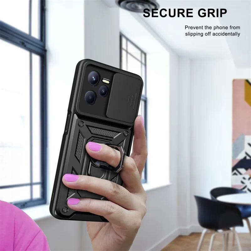 For Realme C35 Slide Camera Protection PC + TPU Ring Kickstand Case Anti-drop Phone Cover - Blue