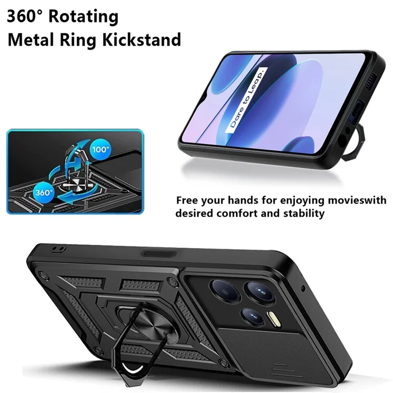 For Realme C35 Slide Camera Protection PC + TPU Ring Kickstand Case Anti-drop Phone Cover - Silver