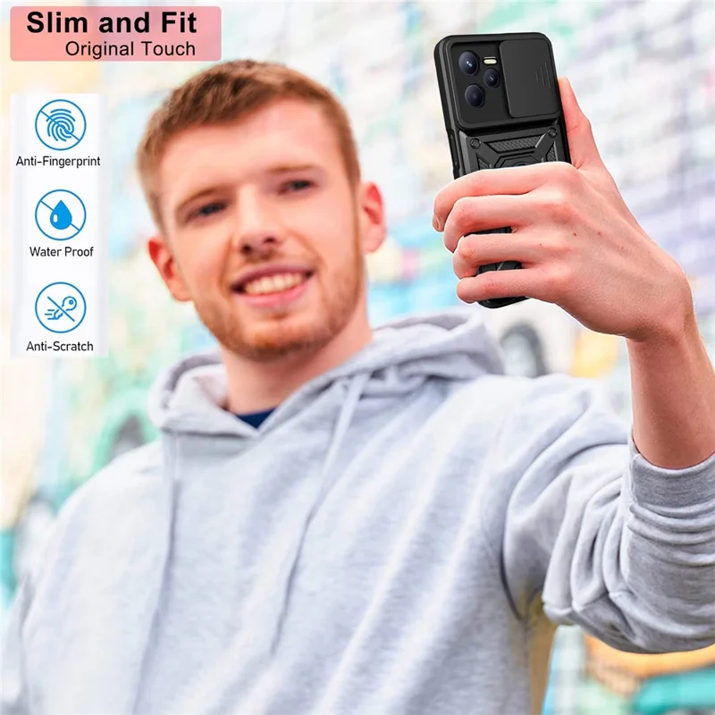 For Realme C35 Slide Camera Protection PC + TPU Ring Kickstand Case Anti-drop Phone Cover - Silver