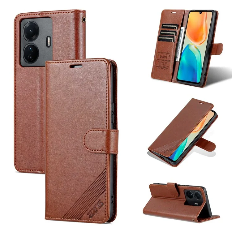 AZNS For vivo S15e 5G Textured Leather Flip Shell Magnetic Closure Stand Wallet 360-degree Protection Folio Cover - Brown