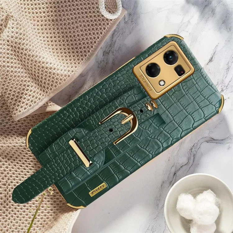 Pour Oppo Reno7 À L'épreuve De La Texture De Crocodile Électrolitée De Choc, Couverture De Téléphone Portable Léger En Cuir PU En Cuir En Cuir PU En Cuir En Cuir Avec Sangle À Main Kickstand - Vert