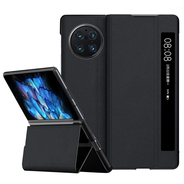 For vivo X Fold Genuine Leather Phone Case Scratch Resistant Anti-fall Cell Phone Cover Stand Protective Shell - Black