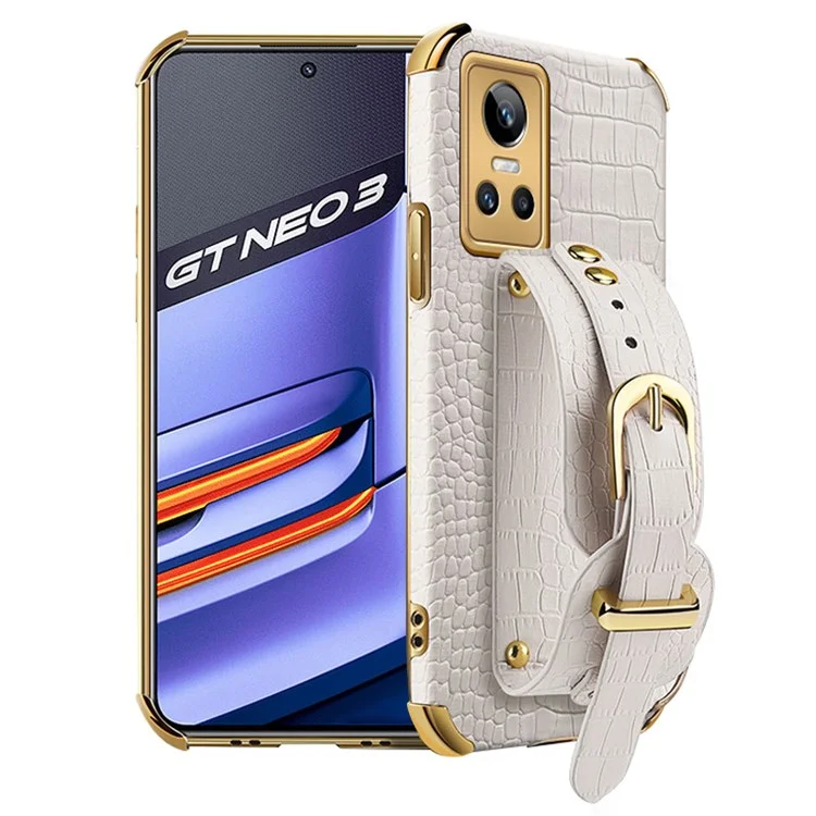 Electroplating Crocodile Texture Anti-scratch Phone Case for Realme GT Neo3, Precise Cutout PU Leather Coated TPU Shell with Hand Strap Kickstand - White