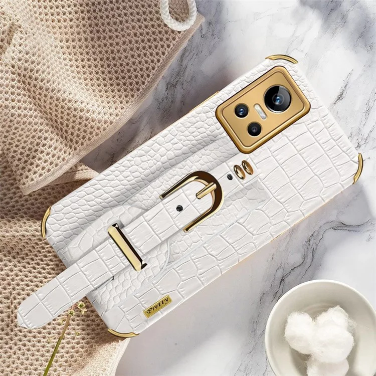 Electroplating Crocodile Texture Anti-scratch Phone Case for Realme GT Neo3, Precise Cutout PU Leather Coated TPU Shell with Hand Strap Kickstand - White