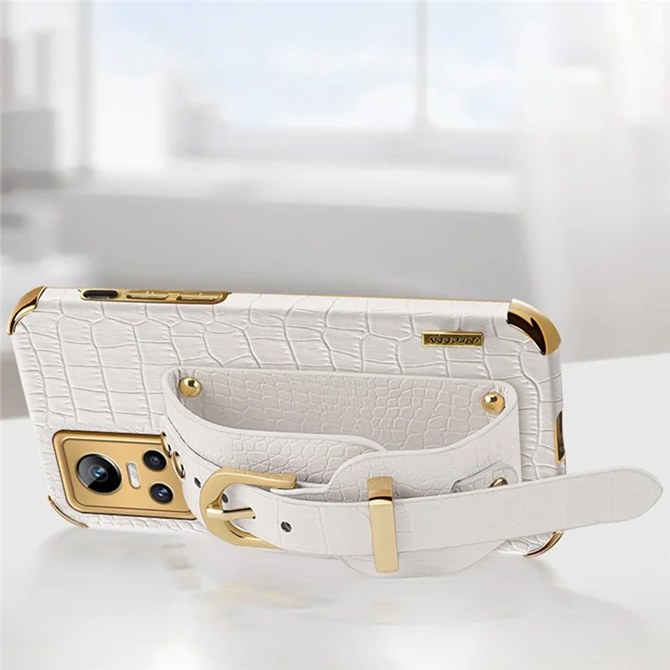 Electroplating Crocodile Texture Anti-scratch Phone Case for Realme GT Neo3, Precise Cutout PU Leather Coated TPU Shell with Hand Strap Kickstand - White