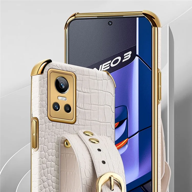 Electroplating Crocodile Texture Anti-scratch Phone Case for Realme GT Neo3, Precise Cutout PU Leather Coated TPU Shell with Hand Strap Kickstand - White