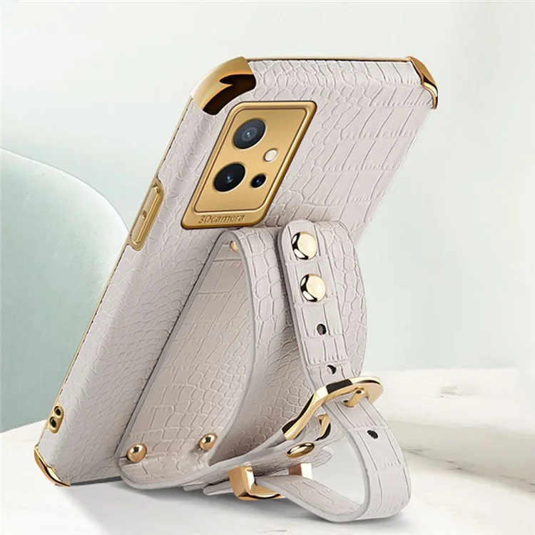 Electroplating Crocodile Texture Phone Case for vivo Y75 5G, Shockproof Precise Cutout PU Leather Coated TPU Shell with Hand Strap Kickstand - White