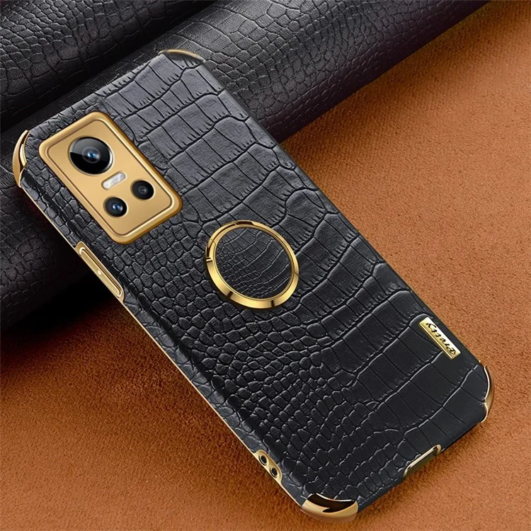 Per Realme GT Neo3 Ring Holder Kickstand Case Crocodile Texture Leather Coated TPU 6D Electroplated Shockproof Protective Shell - Nero