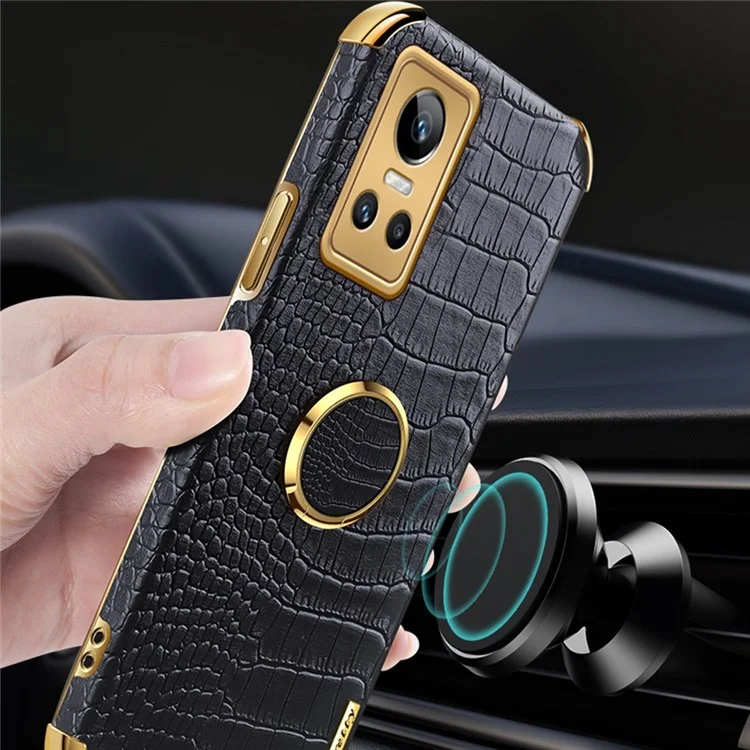 Per Realme GT Neo3 Ring Holder Kickstand Case Crocodile Texture Leather Coated TPU 6D Electroplated Shockproof Protective Shell - Nero