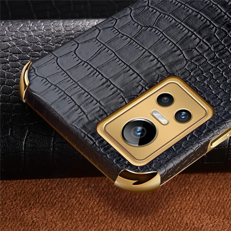 Per Realme GT Neo3 Ring Holder Kickstand Case Crocodile Texture Leather Coated TPU 6D Electroplated Shockproof Protective Shell - Nero