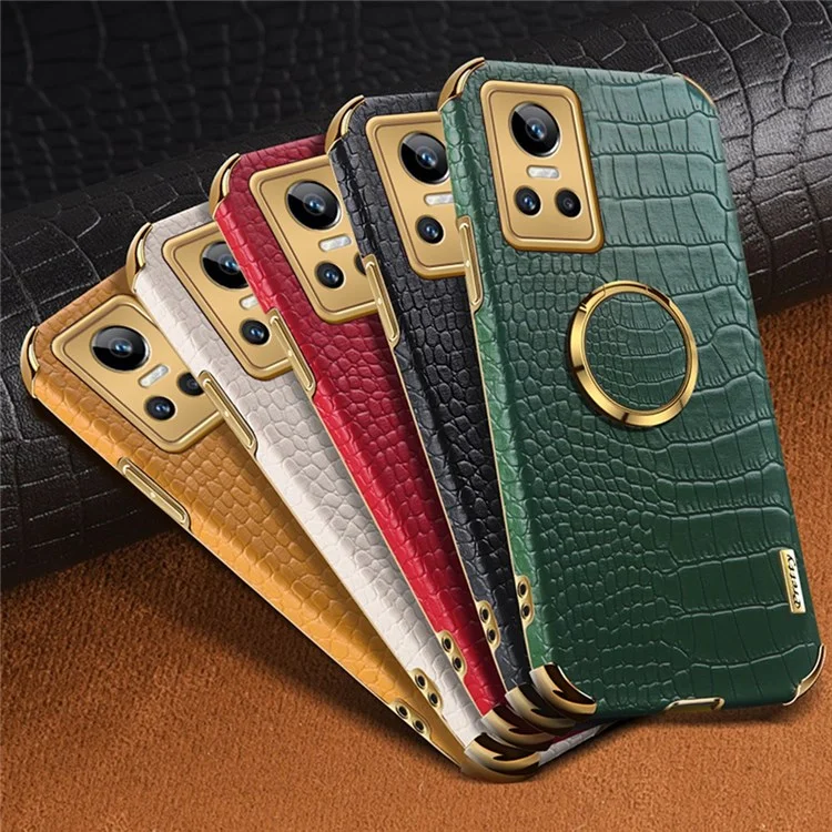 Per Realme GT Neo3 Ring Holder Kickstand Case Crocodile Texture Leather Coated TPU 6D Electroplated Shockproof Protective Shell - Nero