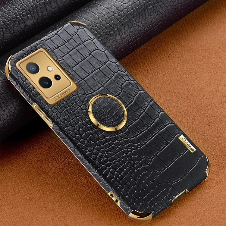 Для Vivo Y75 5G Держатель Кольца Кольца Kickstand Case Percise Cutout Crocodile Texture Кожаная Кожа TPU 6D Окружающаяся Амортизационная Защитная Оболочка - Черный