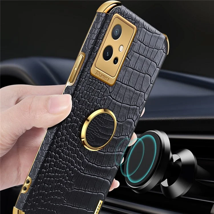 Для Vivo Y75 5G Держатель Кольца Кольца Kickstand Case Percise Cutout Crocodile Texture Кожаная Кожа TPU 6D Окружающаяся Амортизационная Защитная Оболочка - Черный