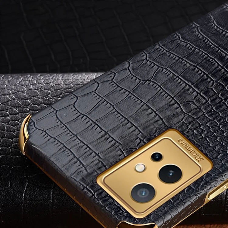 Для Vivo Y75 5G Держатель Кольца Кольца Kickstand Case Percise Cutout Crocodile Texture Кожаная Кожа TPU 6D Окружающаяся Амортизационная Защитная Оболочка - Черный