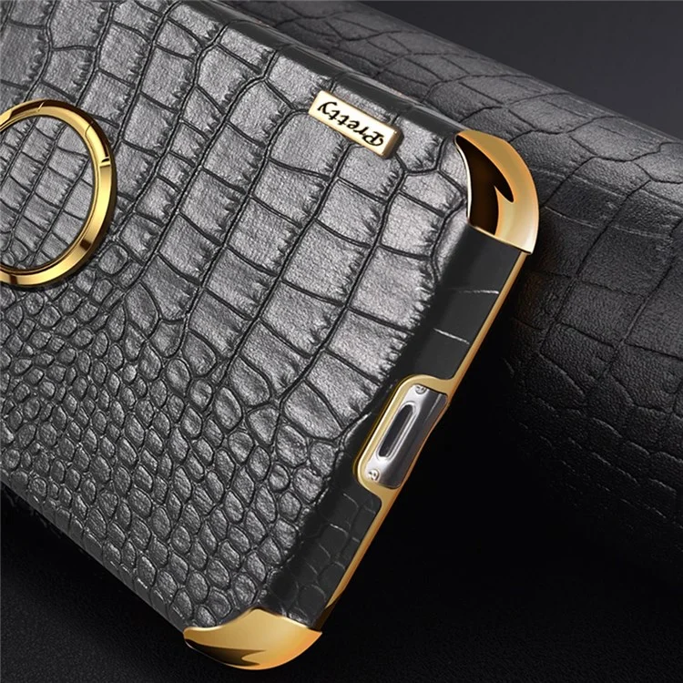 Для Vivo Y75 5G Держатель Кольца Кольца Kickstand Case Percise Cutout Crocodile Texture Кожаная Кожа TPU 6D Окружающаяся Амортизационная Защитная Оболочка - Черный