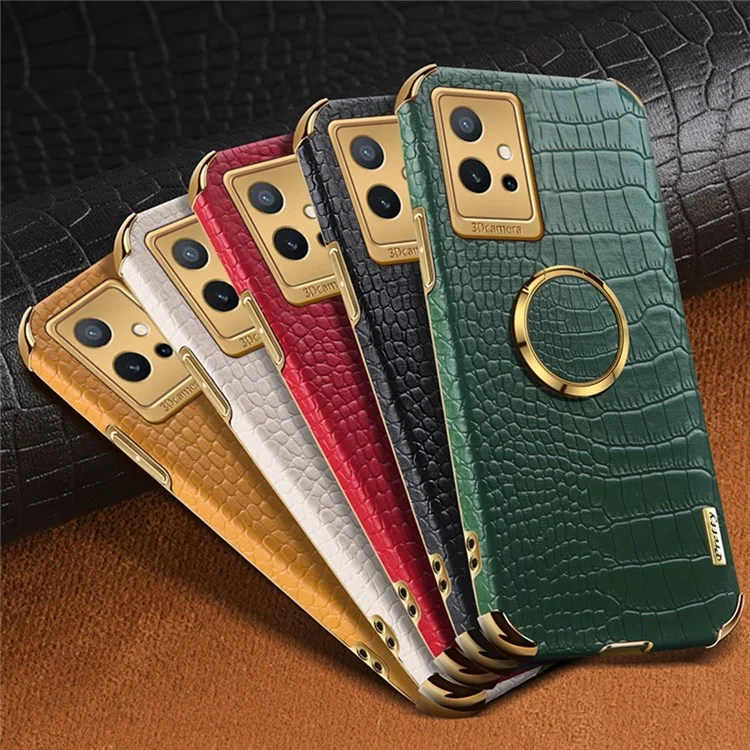 Для Vivo Y75 5G Держатель Кольца Кольца Kickstand Case Percise Cutout Crocodile Texture Кожаная Кожа TPU 6D Окружающаяся Амортизационная Защитная Оболочка - Черный