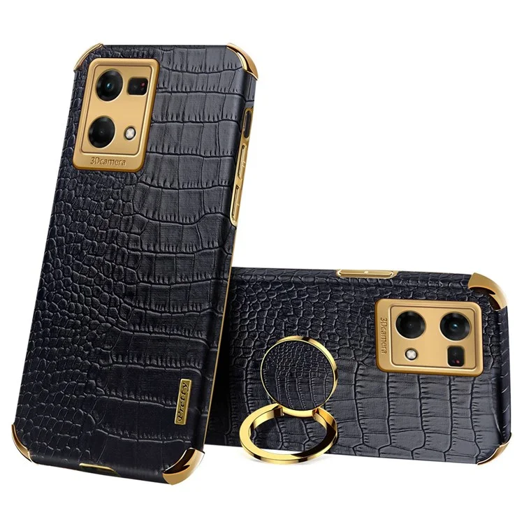 Per Oppo Reno7 Preciso Ritaglio Crocodile Texture in Pelle Custodia Per Telefono TPU Rivestito TPU Anti-scratch Casetto Cavestatore Custodia 6D Shell di Protezione a Prova di Scossa Elettroplata - Nero