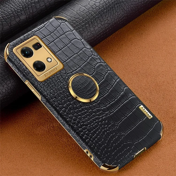 Per Oppo Reno7 Preciso Ritaglio Crocodile Texture in Pelle Custodia Per Telefono TPU Rivestito TPU Anti-scratch Casetto Cavestatore Custodia 6D Shell di Protezione a Prova di Scossa Elettroplata - Nero