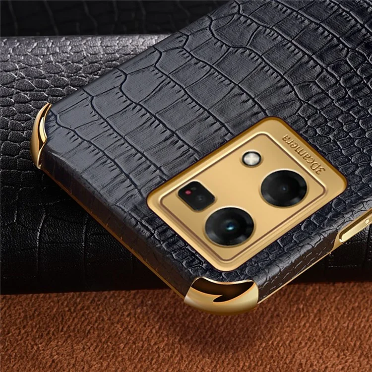 Per Oppo Reno7 Preciso Ritaglio Crocodile Texture in Pelle Custodia Per Telefono TPU Rivestito TPU Anti-scratch Casetto Cavestatore Custodia 6D Shell di Protezione a Prova di Scossa Elettroplata - Nero