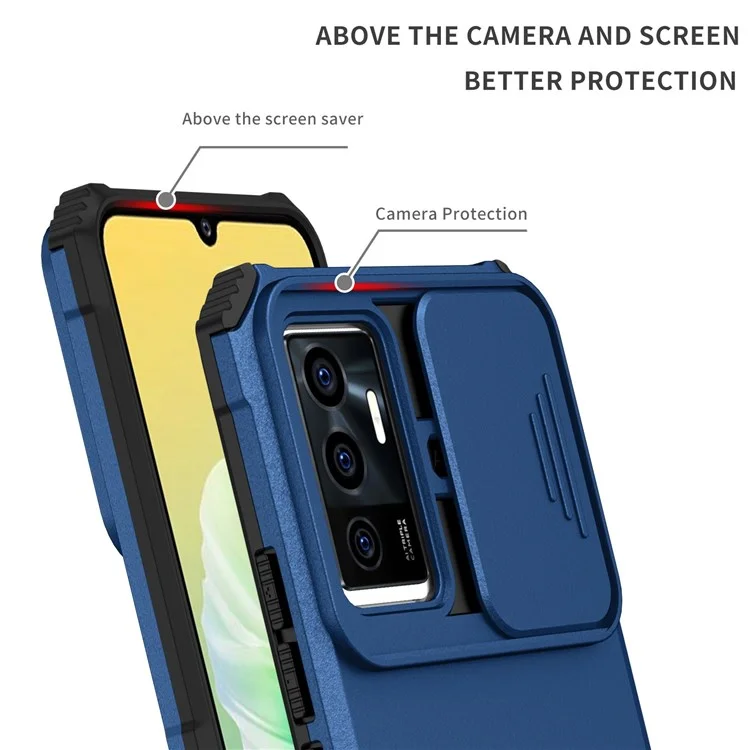 Étui de protection pour téléphone pour vivo V23e 5G/S10e 5G avec support Kickstand PC + Housse TPU avec protection coulissante de l'appareil photo - Bleu