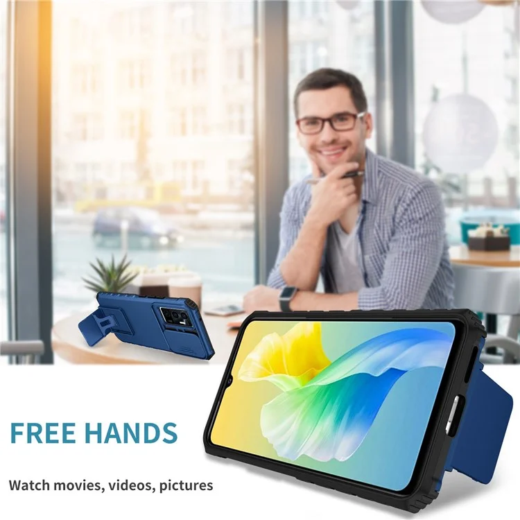 Étui de protection pour téléphone pour vivo V23e 5G/S10e 5G avec support Kickstand PC + Housse TPU avec protection coulissante de l'appareil photo - Bleu