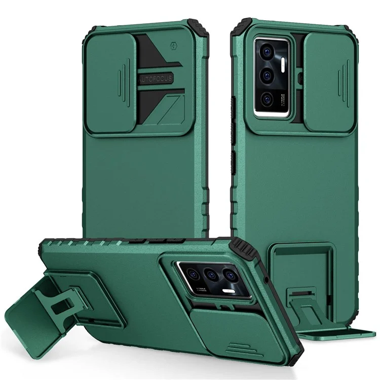 Étui de protection pour téléphone pour vivo V23e 5G/S10e 5G avec support Kickstand PC + Couverture TPU avec protection de l'appareil photo coulissante - Vert noirâtre
