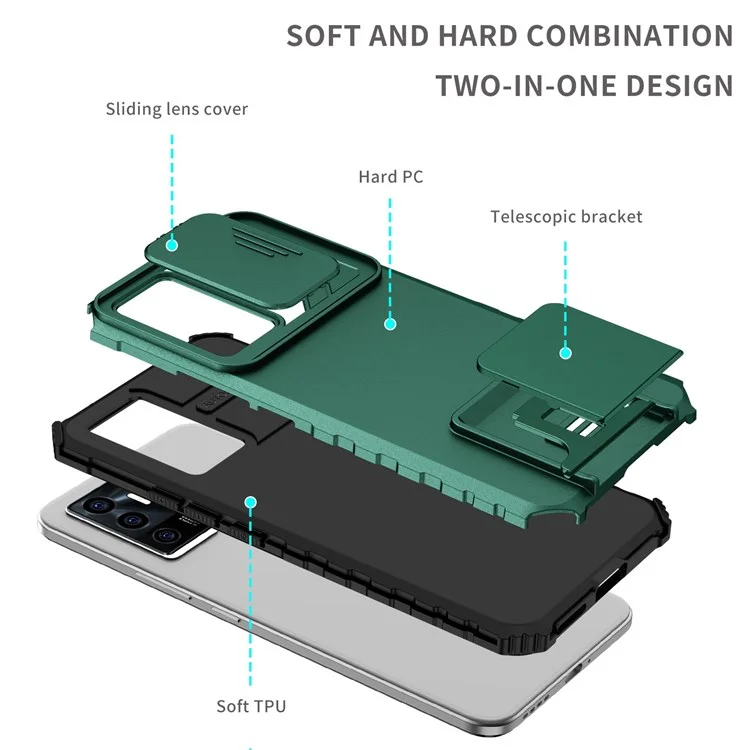 Étui de protection pour téléphone pour vivo V23e 5G/S10e 5G avec support Kickstand PC + Couverture TPU avec protection de l'appareil photo coulissante - Vert noirâtre