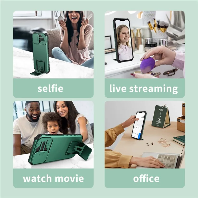 Étui de protection pour téléphone pour vivo V23e 5G/S10e 5G avec support Kickstand PC + Couverture TPU avec protection de l'appareil photo coulissante - Vert noirâtre