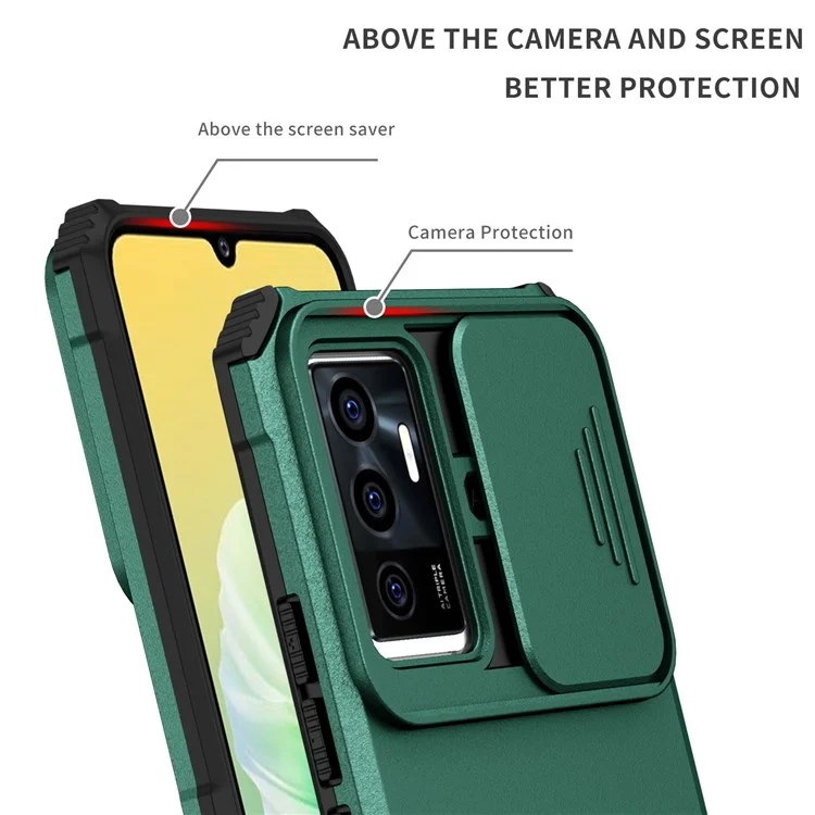 Étui de protection pour téléphone pour vivo V23e 5G/S10e 5G avec support Kickstand PC + Couverture TPU avec protection de l'appareil photo coulissante - Vert noirâtre
