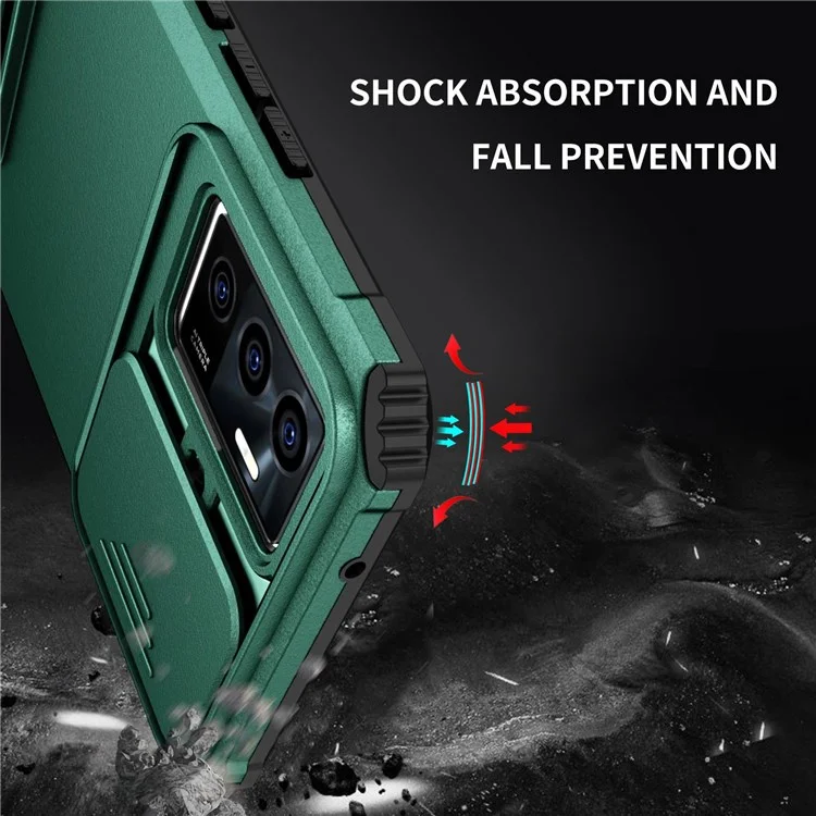 Étui de protection pour téléphone pour vivo V23e 5G/S10e 5G avec support Kickstand PC + Couverture TPU avec protection de l'appareil photo coulissante - Vert noirâtre