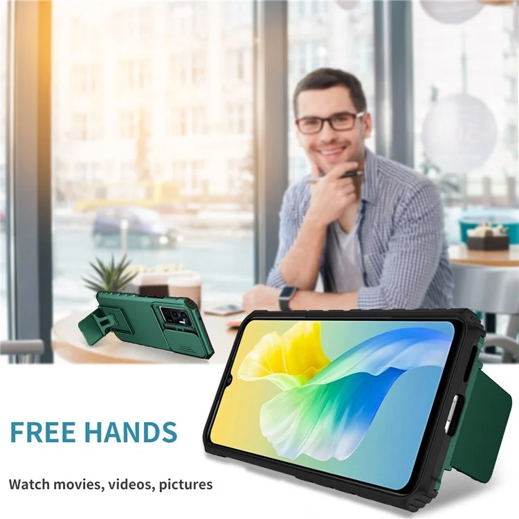 Étui de protection pour téléphone pour vivo V23e 5G/S10e 5G avec support Kickstand PC + Couverture TPU avec protection de l'appareil photo coulissante - Vert noirâtre