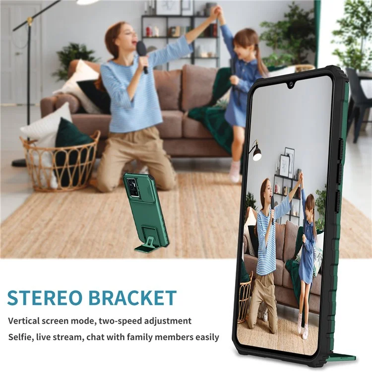 Étui de protection pour téléphone pour vivo V23e 5G/S10e 5G avec support Kickstand PC + Couverture TPU avec protection de l'appareil photo coulissante - Vert noirâtre