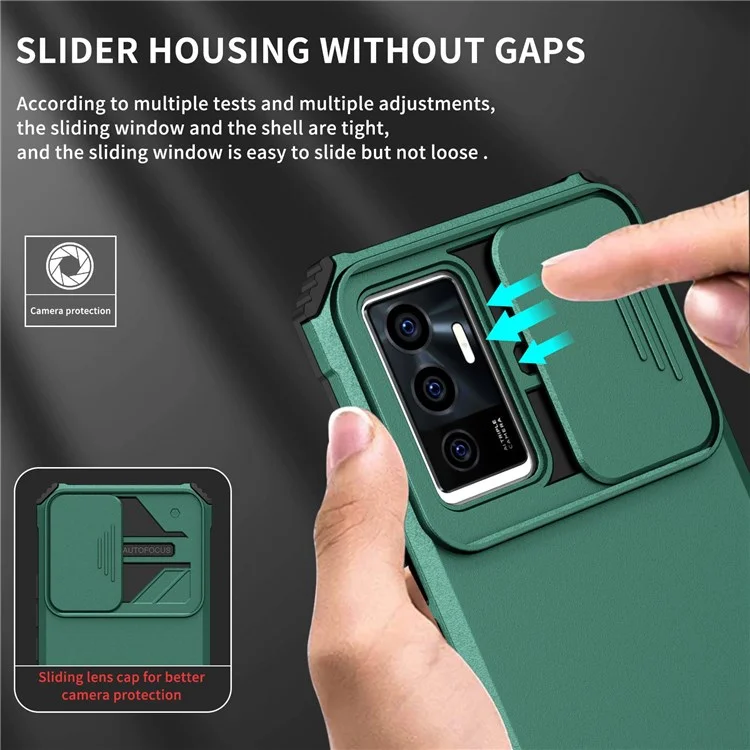 Étui de protection pour téléphone pour vivo V23e 5G/S10e 5G avec support Kickstand PC + Couverture TPU avec protection de l'appareil photo coulissante - Vert noirâtre
