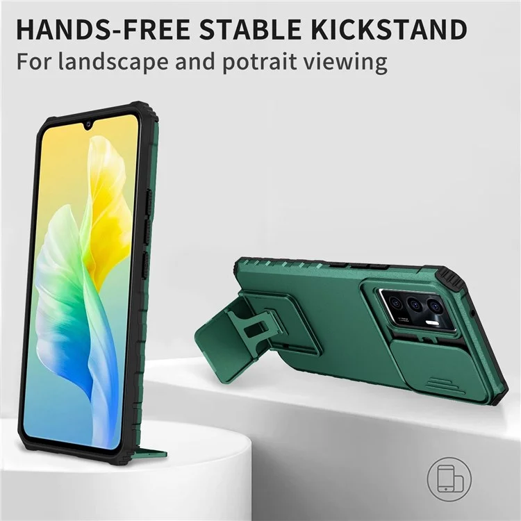 Étui de protection pour téléphone pour vivo V23e 5G/S10e 5G avec support Kickstand PC + Couverture TPU avec protection de l'appareil photo coulissante - Vert noirâtre