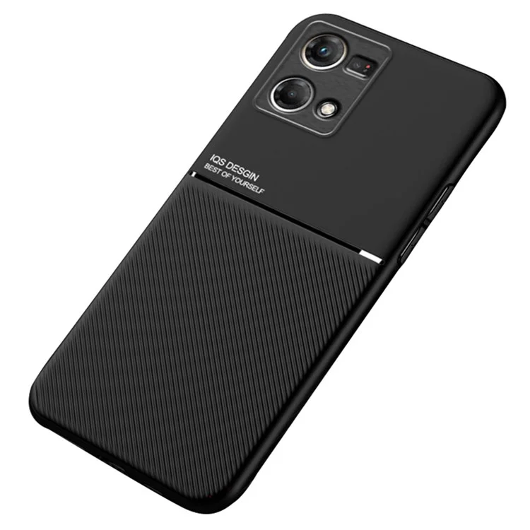 Coque de protection pour téléphone portable Oppo Reno7 4G Anti-rayures Anti-chute Lignes imprimées Coque en cuir PU TPU avec plaque métallique intégrée - Noir