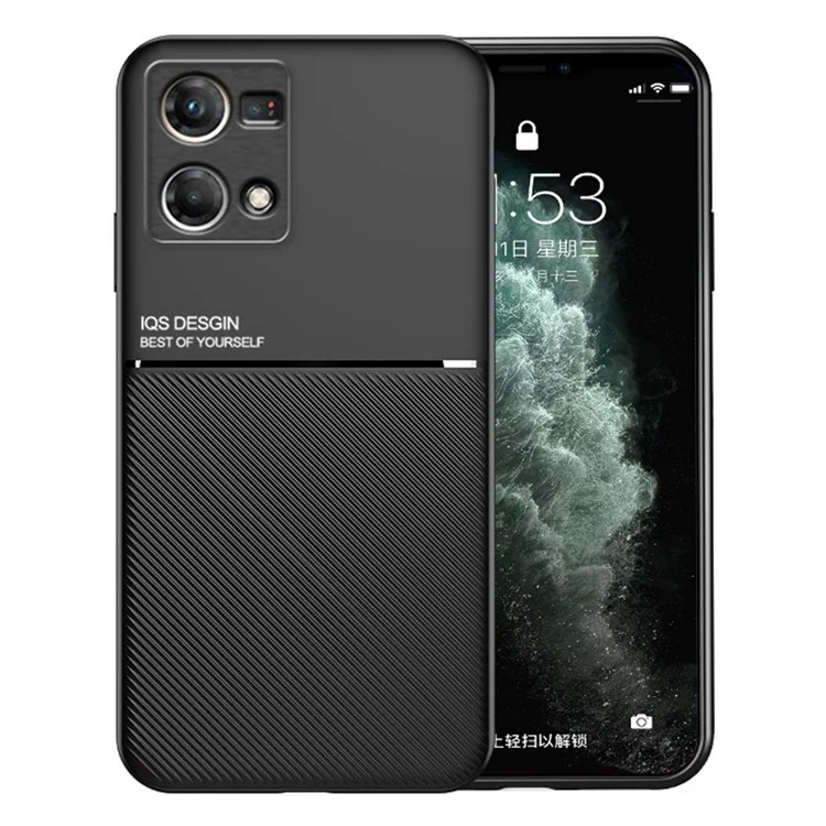 Coque de protection pour téléphone portable Oppo Reno7 4G Anti-rayures Anti-chute Lignes imprimées Coque en cuir PU TPU avec plaque métallique intégrée - Noir