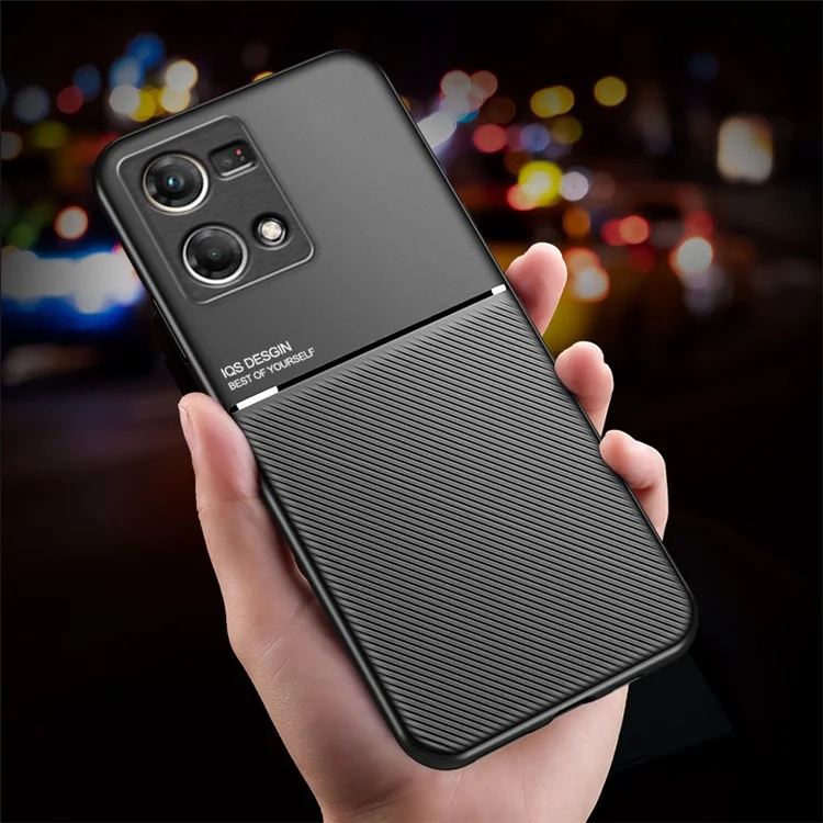 Coque de protection pour téléphone portable Oppo Reno7 4G Anti-rayures Anti-chute Lignes imprimées Coque en cuir PU TPU avec plaque métallique intégrée - Noir