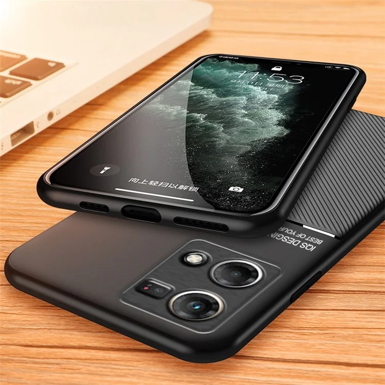 Coque de protection pour téléphone portable Oppo Reno7 4G Anti-rayures Anti-chute Lignes imprimées Coque en cuir PU TPU avec plaque métallique intégrée - Noir