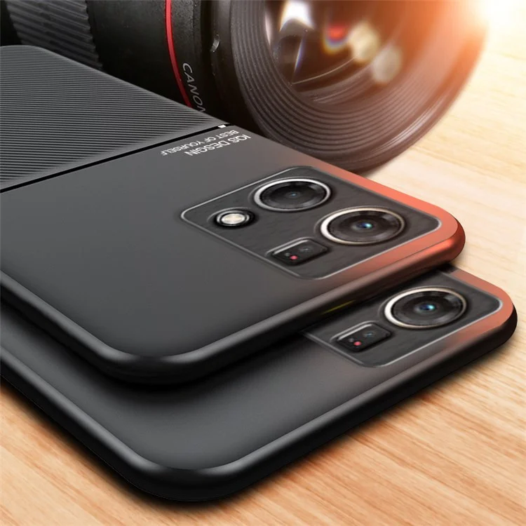 Coque de protection pour téléphone portable Oppo Reno7 4G Anti-rayures Anti-chute Lignes imprimées Coque en cuir PU TPU avec plaque métallique intégrée - Noir