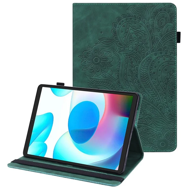 Imprimindo Capa de Couro de Flor Para Realme Pad Mini, Proteção Automática de Proteção Automática/tampa do Tablet do Sono Com Suporte de Cartão - Verde