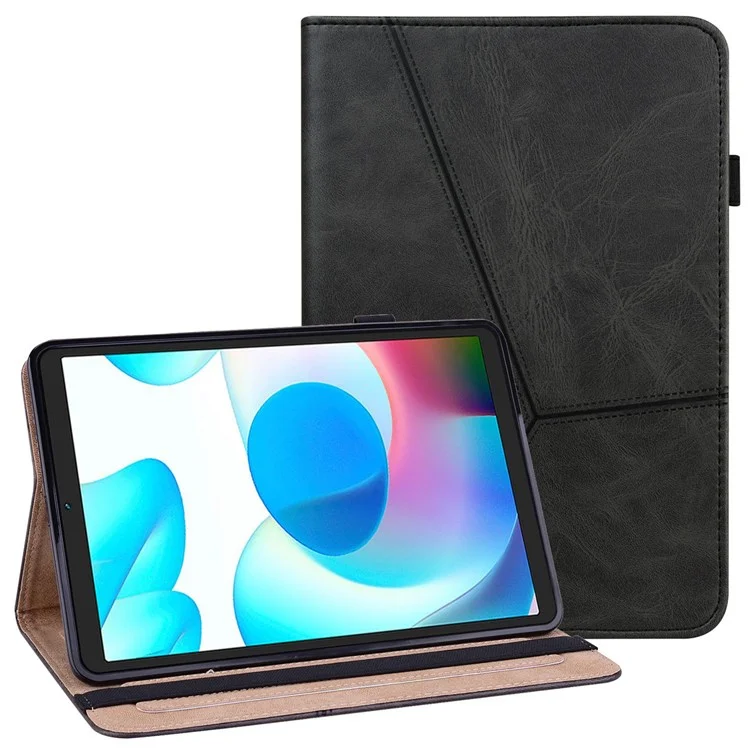 Card Holder Stand Tablet Case for Realme Pad Mini, Line Imprinted Shockproof PU Leather Elastic Band Protective Cover - Black